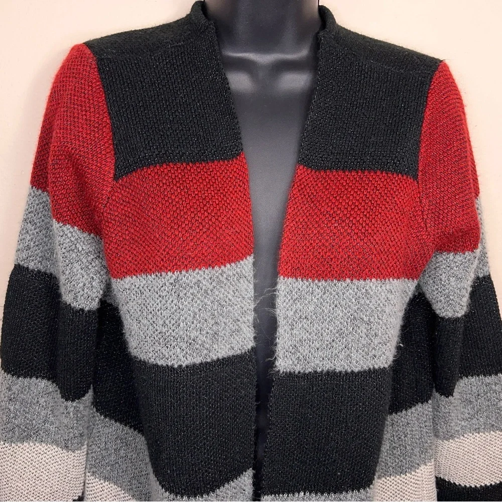 Petite Large IN Studio Colorblock Long Sleeve Open Front Sweater Black Grey Red